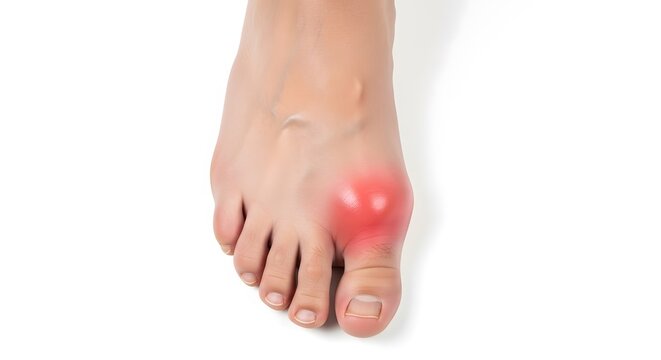 Medical illustration of podagra on a female foot. Red spot indicating severe pain and inflammation at the base of the big toe. Concept of orthopedic conditions