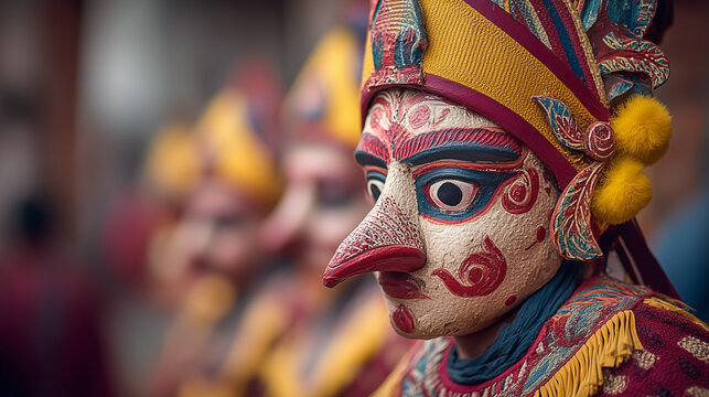 Indra Jatra Festival, Indra Jatra Festival Masked Performer with Red Painted Face and Traditional Headdress Representing Newari Mythology
