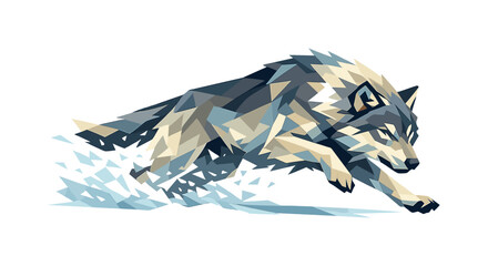 Obraz premium Low-poly vector illustration of a wolf charging forward through snow, powerful animal with sharply faceted anatomy and angular