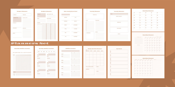 Set of minimalist monochrome abstract planners. Daily, weekly, monthly planner template. Blank printable vertical notebook page with space for notes and goals