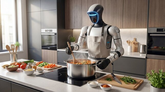 Advanced humanoid robot wearing an apron cooking a meal in a bright modern kitchen