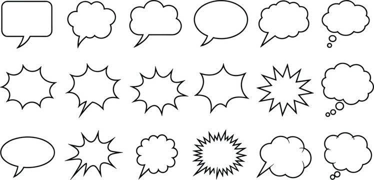 Set of black and white comic book speech and thought bubble outlines Keywords: speech bubble, thought bubble, comic, cartoon