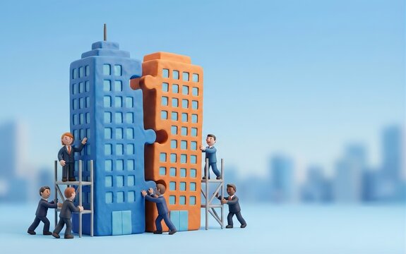 クレイアニメ風のパズルのようなビルを繋ぎ合わせるビジネスチーム（M&A・企業買収・合併）