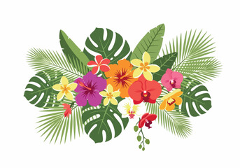 Vibrant Tropical Floral Arrangement with Exotic Flowers and Lush Green Foliage on White Background © FRIDA STORE