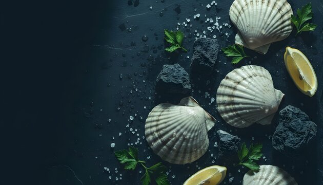 Fresh raw scallops in shells with lemon wedges, parsley, and sea salt on dark stone background
