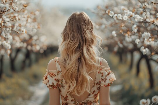A young woman looks away as she walks through a field filled with blooming trees. She appreciates the beauty of spring and the flowers around her. The sunlight shines gently on her hair
