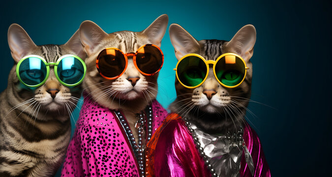 Creative animal concept. Group gang of Bengal cat kitten kitty in neon bright sparkly rock punk colour outfit, copy text space. commercial, editorial advertisement party invitation invite