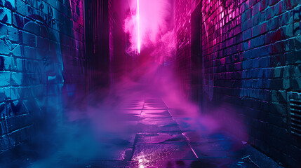 濡れた路地裏のレンガ壁に鮮やかなピンクとブルーのネオン光が反射し濃い霧が漂うミステリアスな近未来のステージ