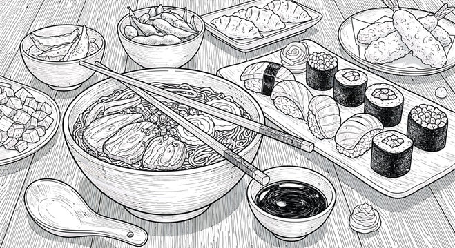 Sushi Rolls and Ramen Noodle Soup on Wooden Table