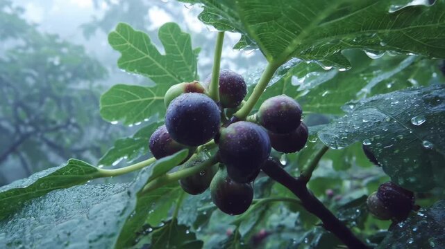 Rainfall on fig tree branches in a garden during a cloudy day