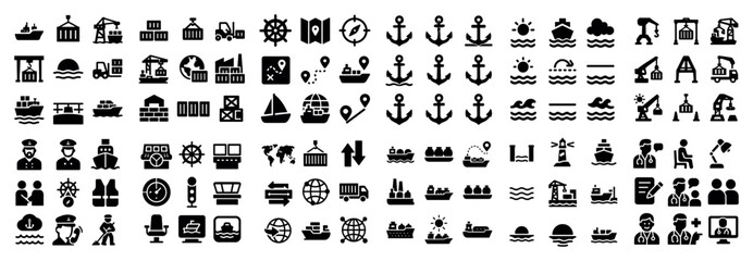 Nautical icons depicting ships and anchors in row layout