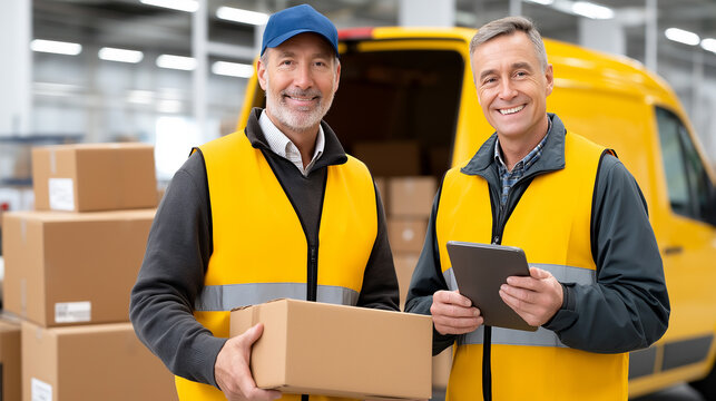 Logistics or delivery workers ,wearing uniforms yellow , at a distribution center,shipping and logistics industry,courier.