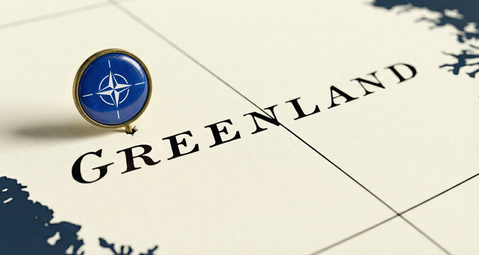  A pin with the symbol of NATO is symbolizing international partnership on a map of Greenland