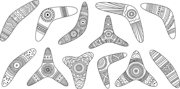 Decorative boomerang tribal patterns vector set with ethnic ornamental shapes isolated line art illustration