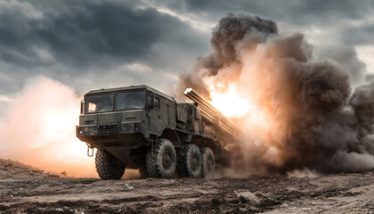 Heavy army military forces rocket launcher vehicle firing a missile with smoke and fire on the battlefield. Powerful mobile artillery system engaging in long-range combat operations