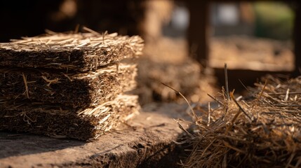 Obraz premium Bundles of dried brittle reeds stacked and broken in warm sunlight, showcasing natural texture