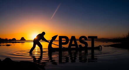 Silhouette figure pulling heavy anchor shaped like word past into bright sunrise horizon metaphor for resisting new beginnings dramatic landscape lighting high resolution concept