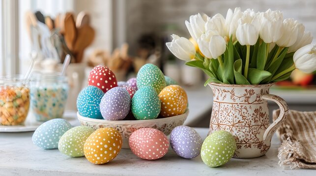 A beautifully decorated Easter scene with colorful eggs and white tulips in a vase on a kitchen counter