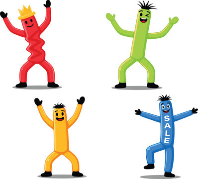Inflatable tube man cartoon vector set with colorful dancing air dancers advertising characters illustration