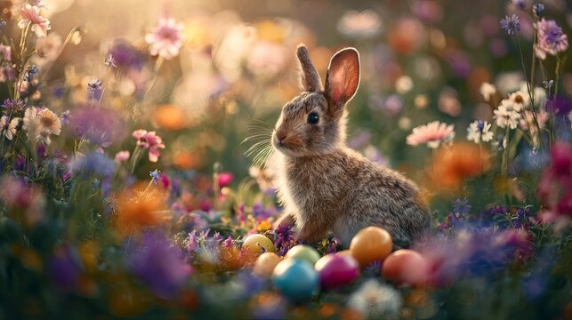 A cute brown rabbit sitting in a colorful field of flowers with Easter eggs on a sunny day