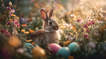 A cute brown rabbit sitting in a field of colorful flowers and Easter eggs on a sunny day