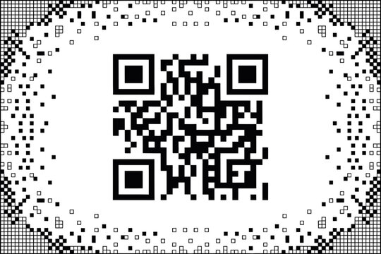 A black QR code on a white background with a pixelated design