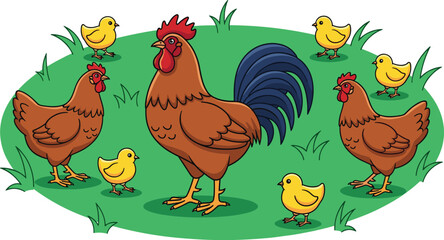 Vector illustration of a farm poultry family featuring a rooster hens and yellow chicks on a green grass patch isolated on white © Aminul