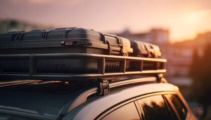 Fototapeta premium travel modular roof rack with adjustable cargo boxes highlighting details in focus with the car rooftop gently out of focus for contrast.