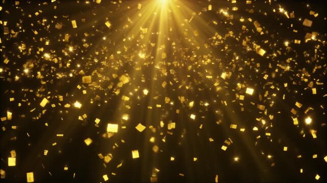 Golden confetti falling from bright light beams against a dark background celebrating a special event or achievement Keywords: gold confetti, falling