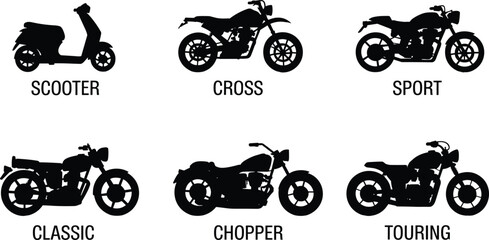 Motorcycle types silhouette collection showing scooter cross sport classic chopper touring bikes, black vector transportation icons set isolated © Sarjina's World