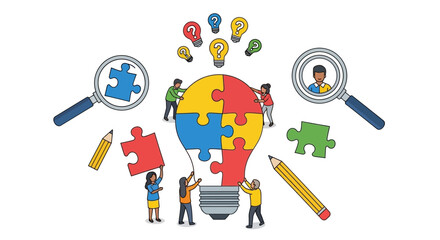 Diverse group of people collaborating to assemble puzzle pieces around a large lightbulb symbolizing innovation and creativity © Fendi