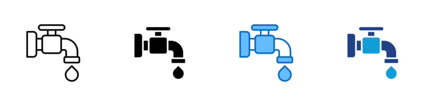 Water Supply Multiple Style Icon Design Vector - Faucet with droplet representing clean water supply, plumbing system, and household utility service