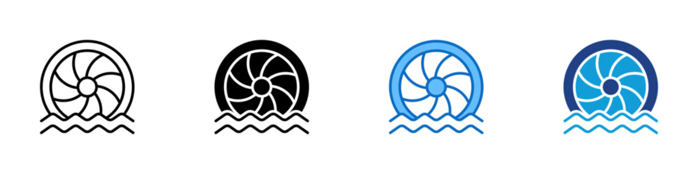 Water Turbine Multiple Style Icon Design Vector - Turbine wheel above waves representing hydropower generation, renewable energy, and river current technology