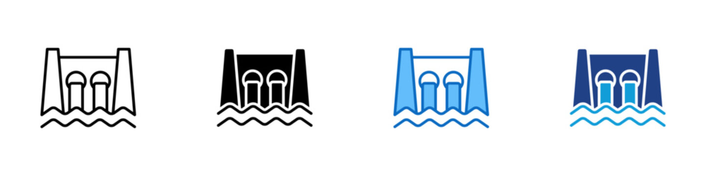 Dam Structure Multiple Style Icon Design Vector - Dam with flowing water representing hydroengineering, reservoir control, and flood prevention