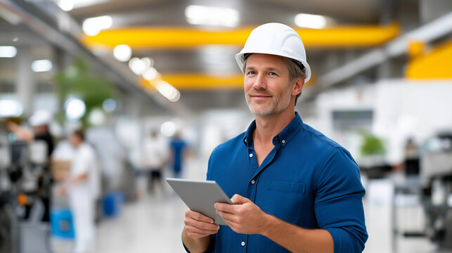 A confident and smiling male engineer or factory manager in a bright, modern manufacturing facility, white hard hat,holding a silver tablet ,industrial machinery, well-organized.