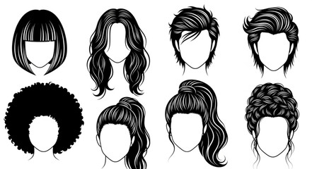 Collection of Diverse Hairstyles Illustrated Black And White. © Izin