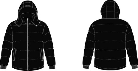 Black Hooded Puffer Jacket Technical Flat Sketch Front and Back View with Quilted Panels Winter Outerwear Template © ARMAN STOCK