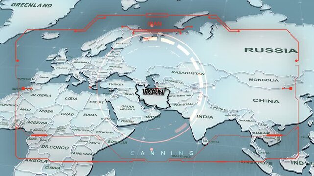 a stylized 3D map highlighting IRAN, Middle East, Iran map, Central Asia and Eastern Europe, Interface, Earth map, animation