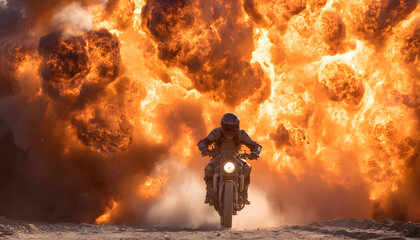 Fototapeta premium motorcycle rider speeding away from a massive explosion. Action movie stunt with fire and smoke.