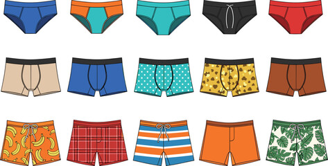 Set of men's underwear and swimwear vector illustrations featuring diverse styles including briefs boxer briefs and patterned swim trunks on white background © Aminul