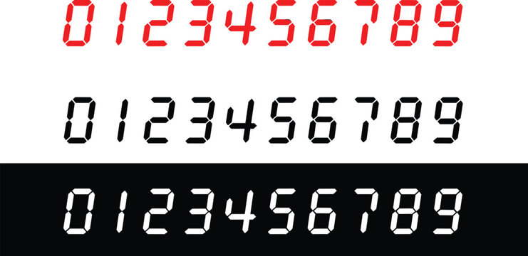 Digital Seven Segment Display Number Set from Zero to Nine in Red Black and White Colors for Electronic Clock Counters,