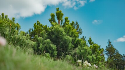 Obraz premium Lush green pine trees on a grassy mountain slope under a bright blue sky.