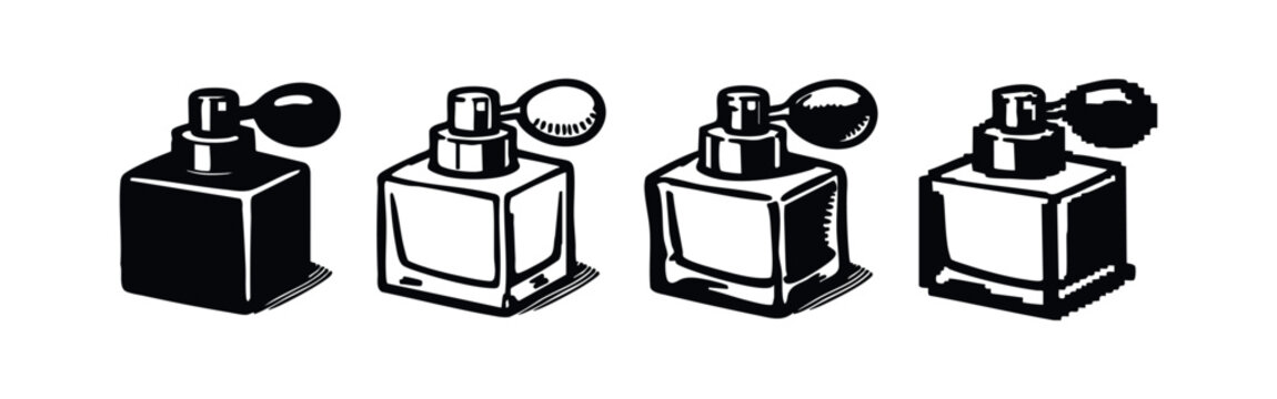 Rectangular Perfume Bottle Icon Set with 3D Perspective and Sprayer