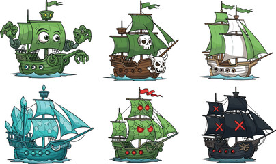 Set of cartoon pirate ships with skull sails cannons and fantasy elements isolated on white background vector illustration © Rayhan