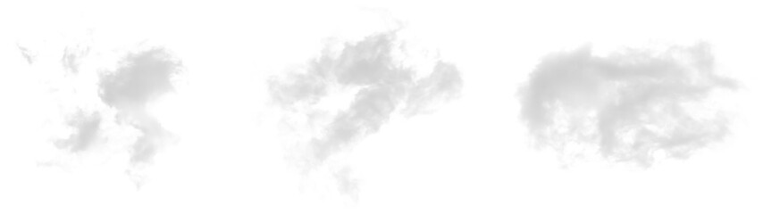Three grey clouds floating in the sky isolated on transparent background