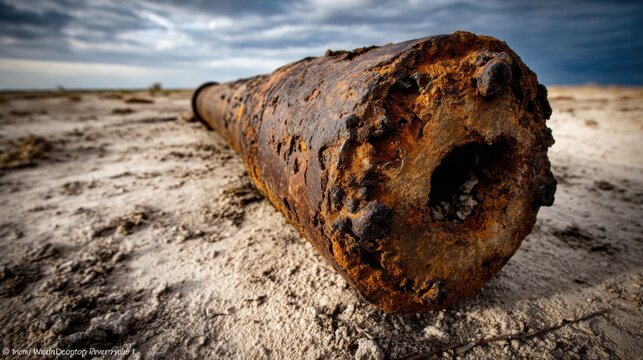 Heavily weathered and rusted artillery shell casing lying on sandy ground outdoors under a cloudy sky
