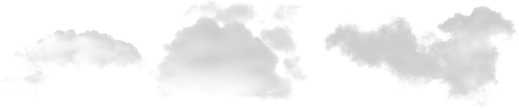 Three grey clouds floating in the sky isolated on transparent background