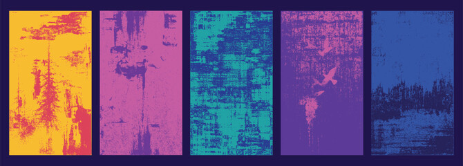 Abstract turquoise grunge background with flying bird silhouettes and distressed pine tree, featuring rough spray paint textures, scratch marks, and vintage street art effects for creative poster and  © Pixel Art