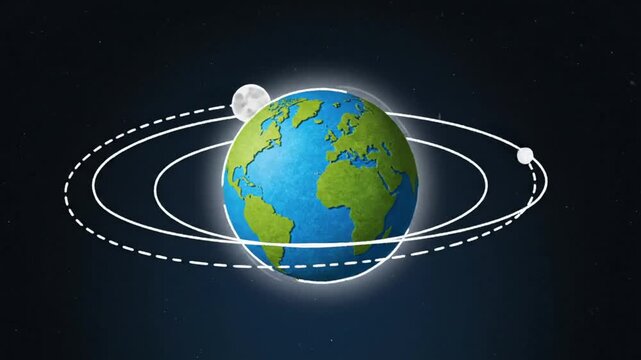 Earth and Moon in Orbital Animation with Planets Orbiting in Space Against a Black Starry Sky