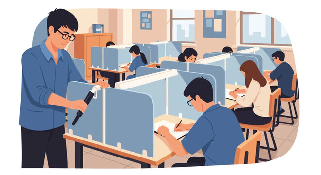 Teacher Supervising Students Taking Exam in Classroom.